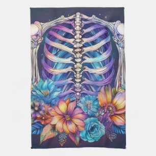 Rib cage and flowers design tea towel