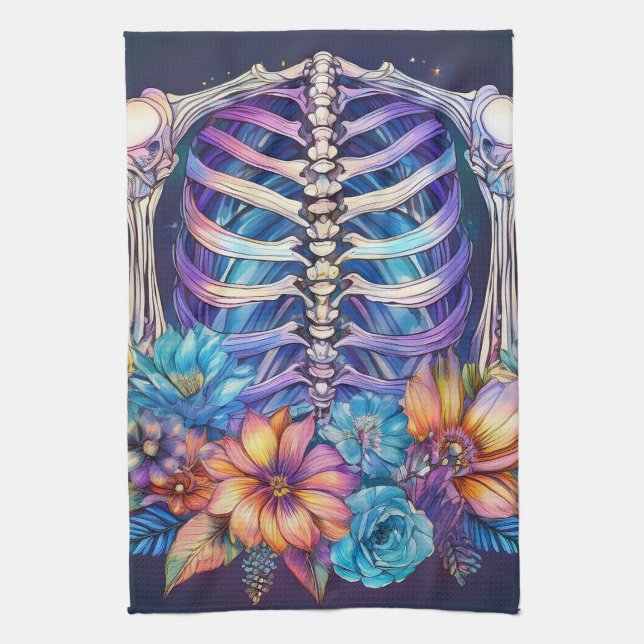 Rib cage and flowers design tea towel (Vertical)