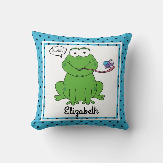 Ribbit the Frog, Cute Kid's Personalised w Name Cushion (Front)