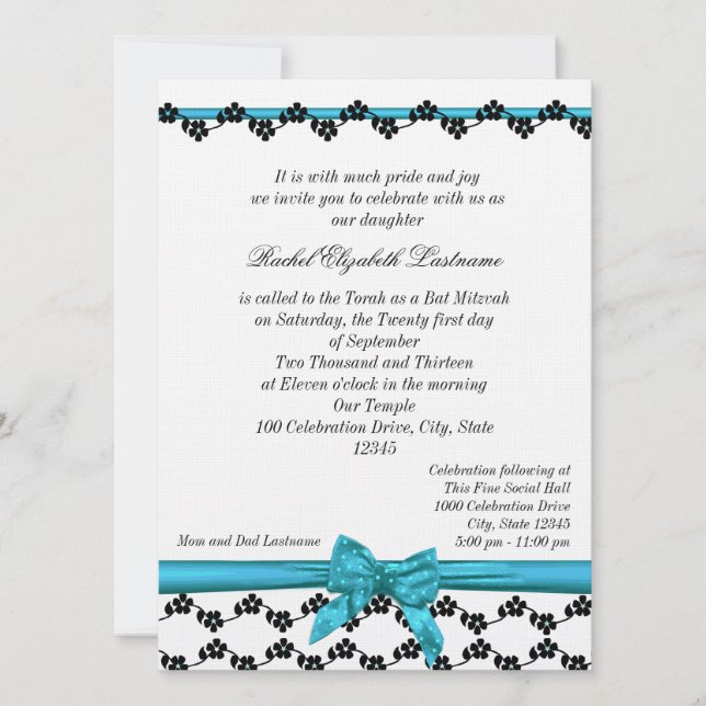 Ribbon and Flowers Bat Mitzvah Invitation (Front)