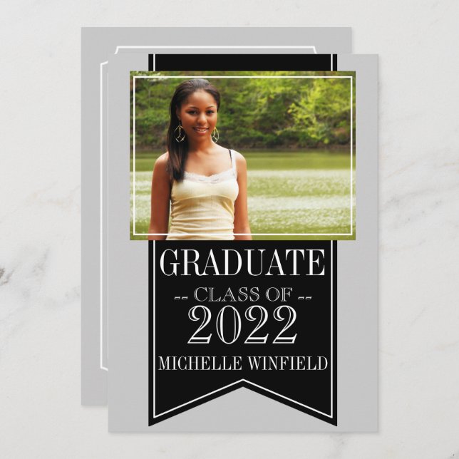 Ribbon Black School Colours Photo Graduation Invitation (Front/Back)
