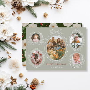 Ribbon & Botanical Frames 5 Photo Christmas Card