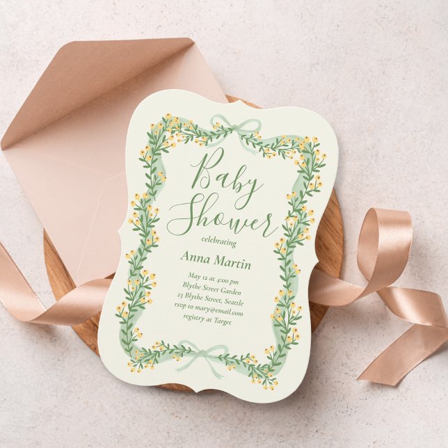 Ribbon Bow and Greenery Baby Shower Invitation (Creator Uploaded)