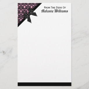 Ribbon Bow Black and Light Pink Damask Stationery