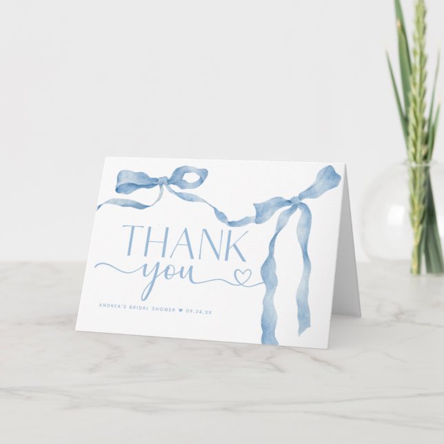 Ribbon Bow | Blue and White Bridal Shower   Thank You Card (Front)