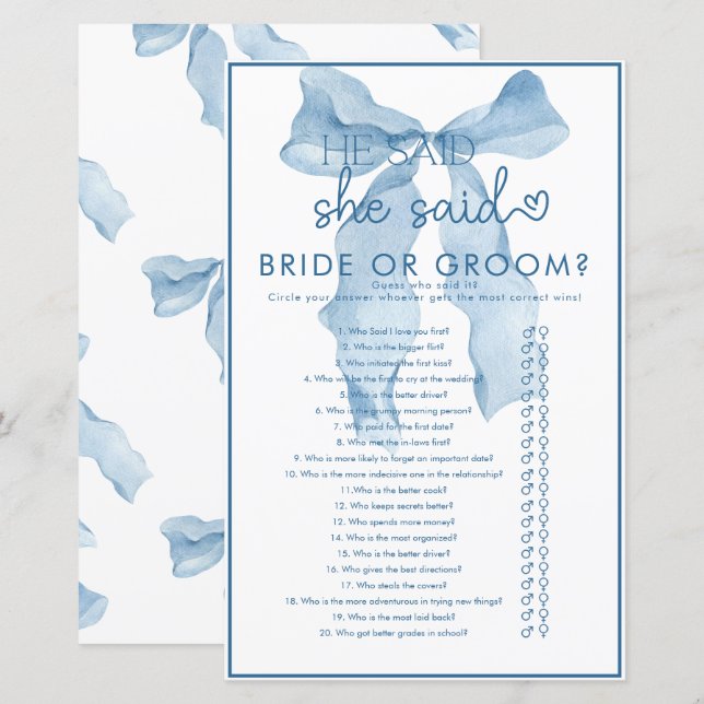 Ribbon Bow Bridal Shower Game (Front/Back)
