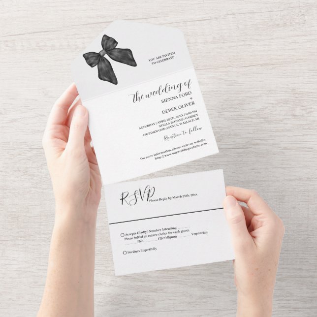 Ribbon Bow Classical Black & White Wedding All In One Invitation (Tearaway)