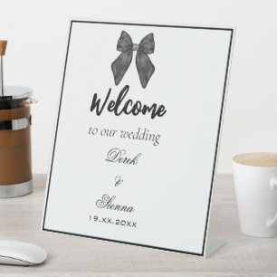 Ribbon Bow Classical Black & White Wedding Pedestal Sign