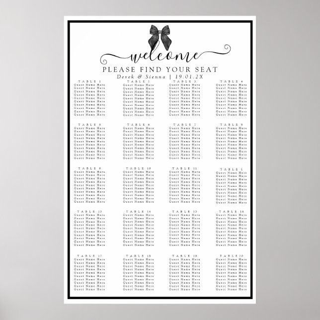 Ribbon Bow Classical Black & White Wedding Seating Poster (Front)