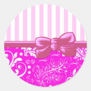 Ribbon, Bow, Damask, Swirls, Stripes - Pink White Classic Round Sticker