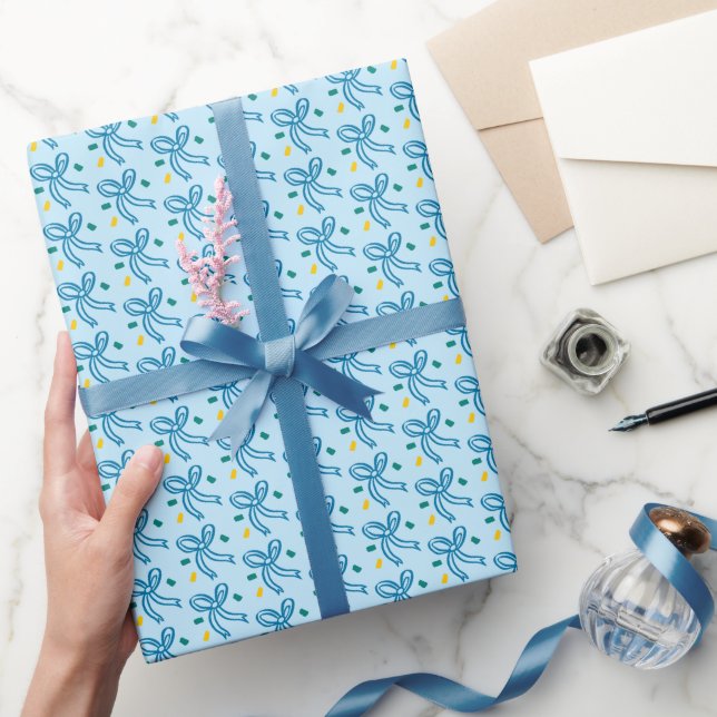 Ribbon Bow Doodle CHRISTMAS HANUKKAH Holiday Blue Wrapping Paper (Gifting)