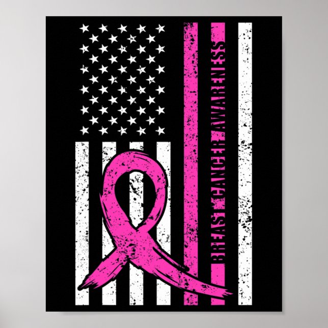 Ribbon Breast Cancer Awareness Month American Flag Poster (Front)
