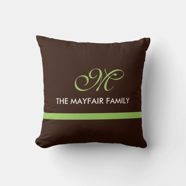Ribbon Brown Lime Green Family Monogram Design Cushion (Front)