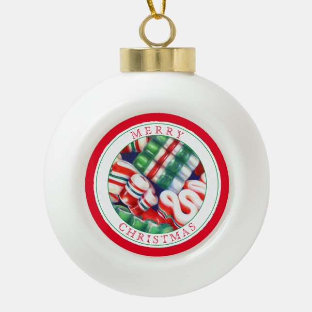 RIBBON CANDY Ceramic Ball Ornament + Text (Front)