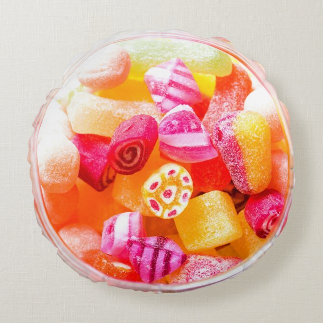 Ribbon candy jar cute colourful sweets pink round cushion (Front)