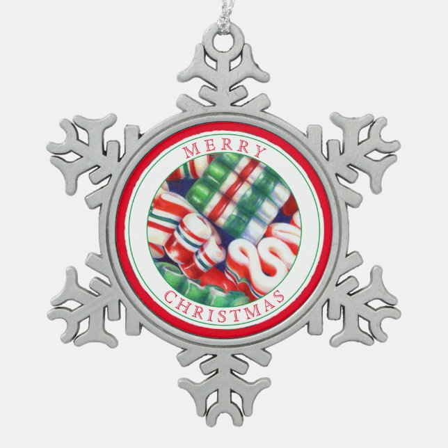 RIBBON CANDY Pewter Snowflake Ornament + Text (Front)