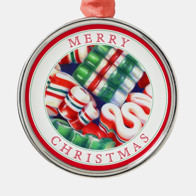 RIBBON CANDY Premium Round Ornament + Text (Front)