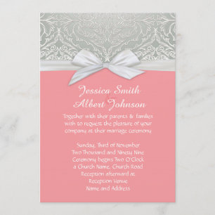 Ribbon Coral/Silver Lace Damask Wedding Invite