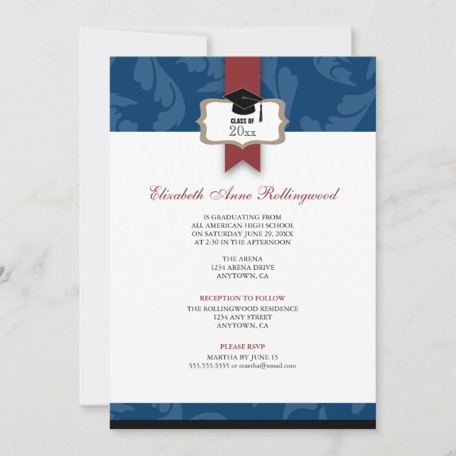 Ribbon Crest Curls Pattern Graduation: Navy Blue Invitation (Front)