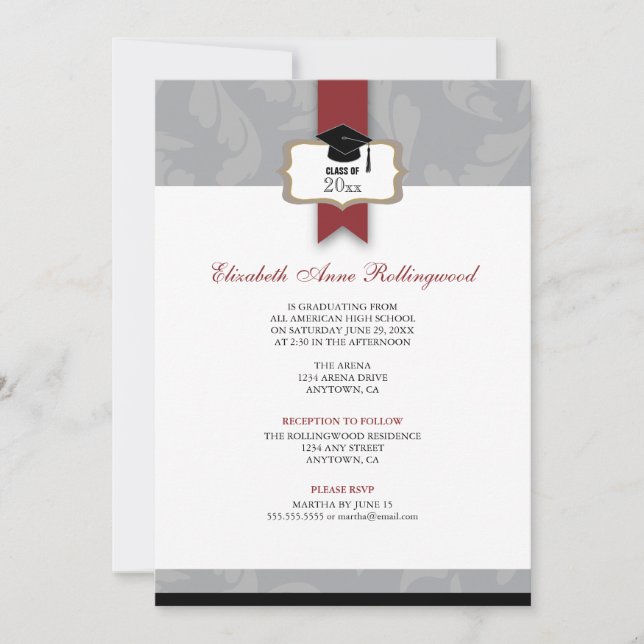 Ribbon Crest Curls Pattern Graduation: Silver Grey Invitation (Front)