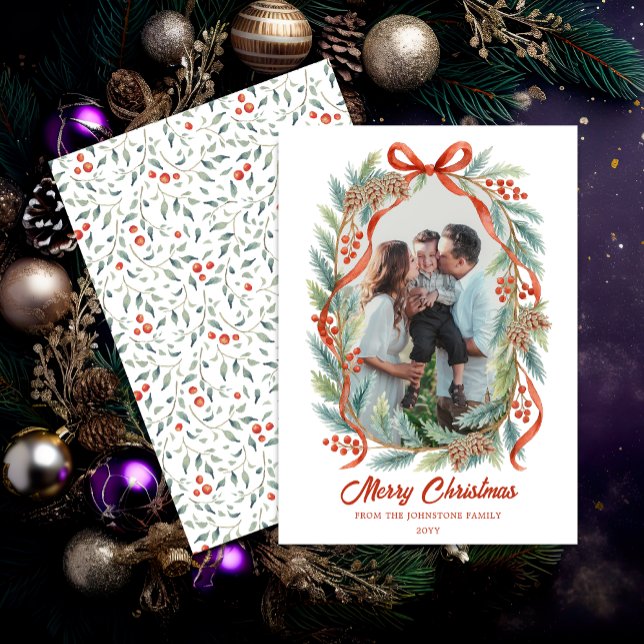 Ribbon Evergreen Photo Christmas Holiday (Elegant watercolor ribbon and evergreen photo card front and back view)
