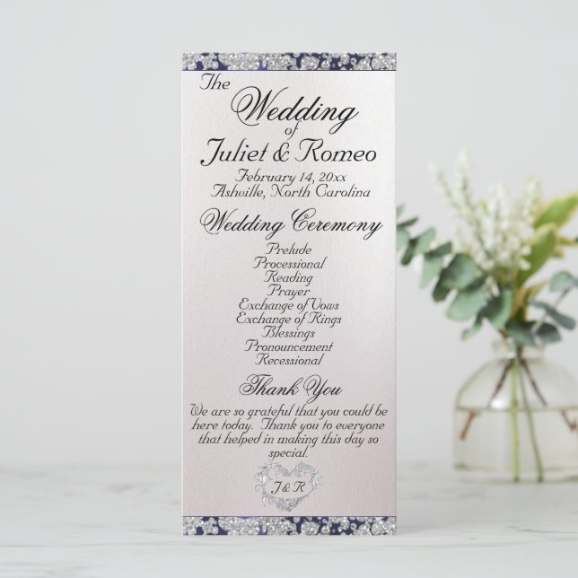 Ribbon & Glitter on Pearl - Blue Wedding Programme (Standing Front)
