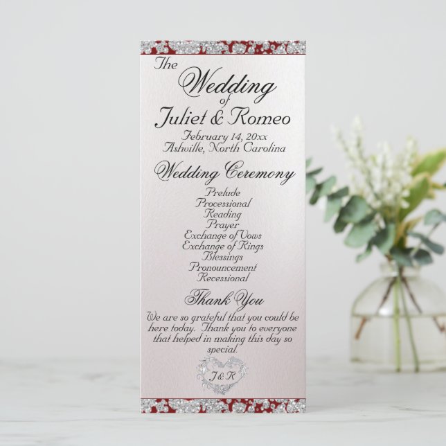 Ribbon & Glitter on Pearl - Red Wedding Programme (Standing Front)