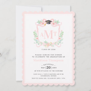 Ribbon Graduation   3 Letter Pink Monogram Crest Invitation