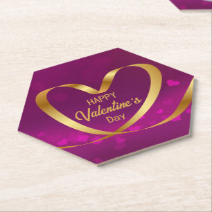 Ribbon Heart Gold Happy Valentine's Day Purple Paper Coaster