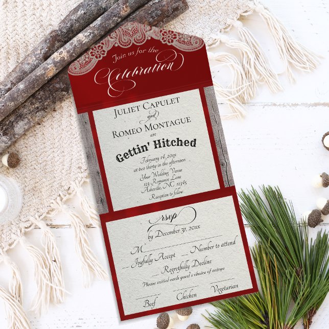 Ribbon & Lace Gettin' Hitched - Red All In One Invitation (Creator Uploaded)