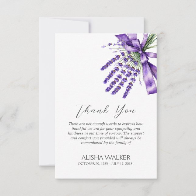 Ribbon Lavender Funeral Thank You Card (Front)