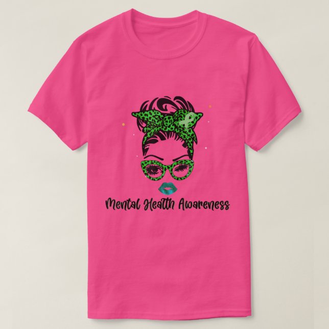 Ribbon Messy Bun Mental Health Awareness Month May T-Shirt (Design Front)