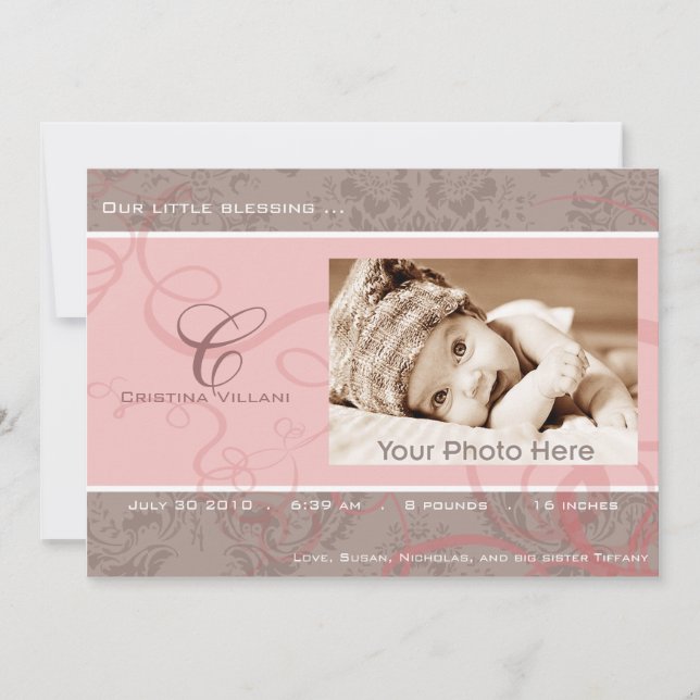 Ribbon pink baby birth announcement (Front)