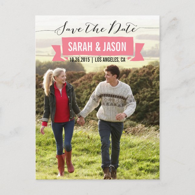 RIBBON SAVE THE DATE PHOTO POSTCARDS - CORAL (Front)