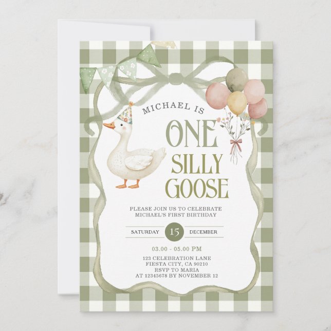 Ribbon Silly Goose Birthday Balloon Green Gingham  Invitation (Front)