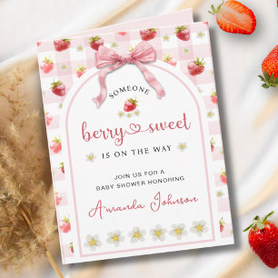  Ribbon Strawberry Pink Berry Sweet Baby Shower Invitation