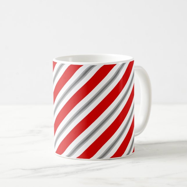 Ribbon stripes, deep red white and grey / grey coffee mug (Front Right)