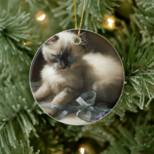Ribbon Tangle Siamese Kitten Ceramic Tree Decoration