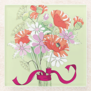 Ribbon-Tied Poppies: Daisy Bouquet. Glass Coaster