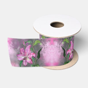 Ribbon with Purple Pink Lilies Satin Ribbon