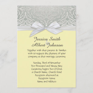 Ribbon Yellow/Silver Lace Damask Wedding Invite