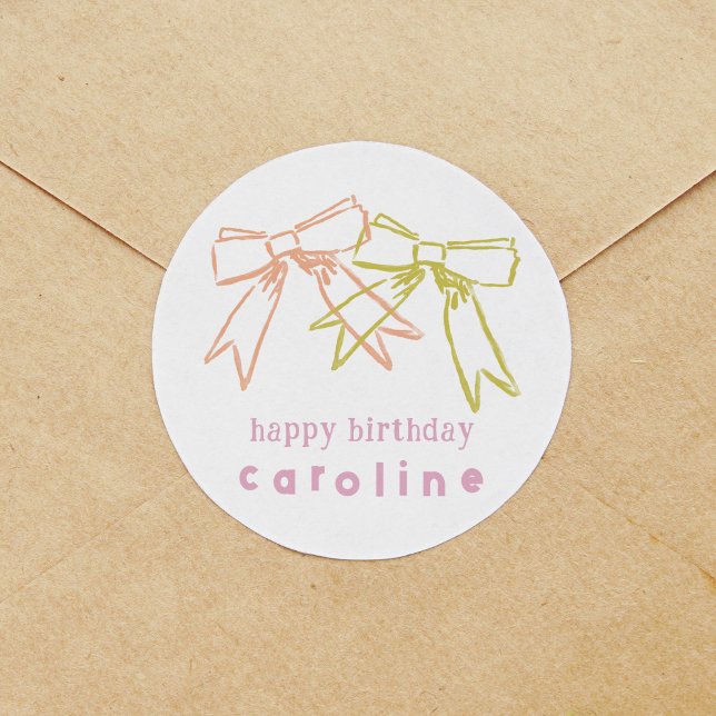 Ribbons and Bows Birthday Classic Round Sticker (Ribbons and Bows watercolor round Happy Birthday sticker.)