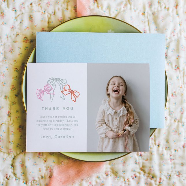 Ribbons and Bows Colourful Watercolor Thank You (Ribbons and Bows watercolor birthday girl photo Thank You card.)