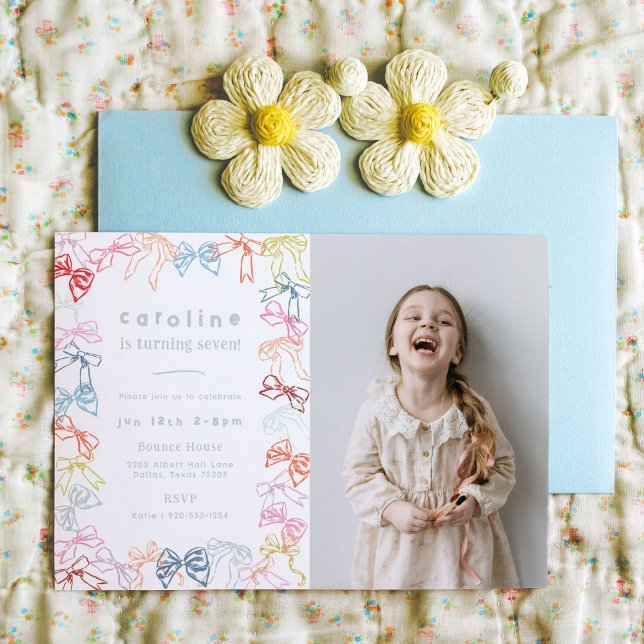 Ribbons and Bows Photo Girls Birthday Party Invitation (Ribbons and Bows girls birthday party photo invitation.)