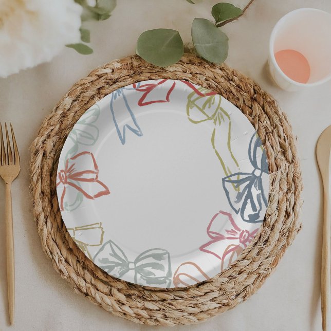 Ribbons and Bows Watercolor Girls Birthday Party Paper Plate (Playful watercolor ribbons and bows girls birthday party paper plates.)