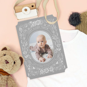 Ribbons and Roses Baby Light Grey Photo Birth Invitation