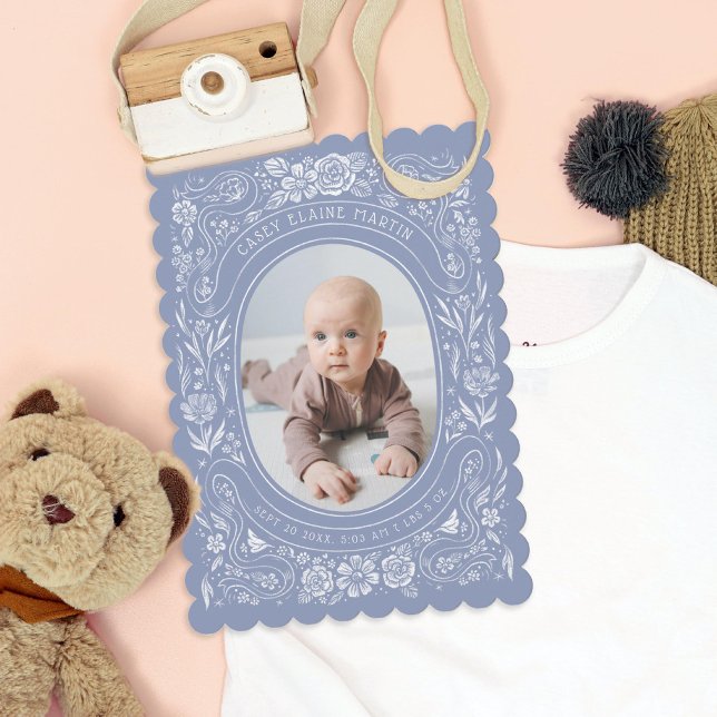 Ribbons and Roses Baby Periwinkle Photo Birth Invitation (Creator Uploaded)