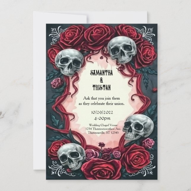 Ribbons and Roses Skulls Gothic Wedding Invitation (Front)