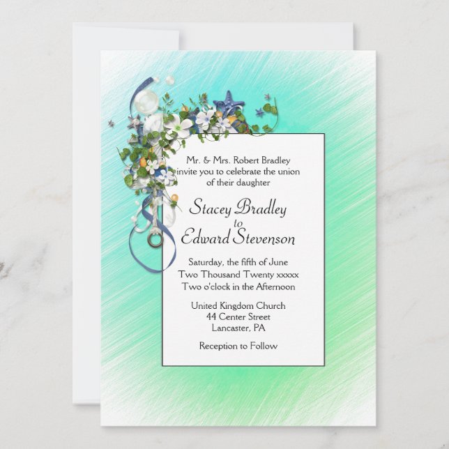 Ribbons and Starfish Bubbles Green Invitation (Front)