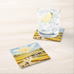 Rice Harvest Village Wall Art Square Paper Coaster